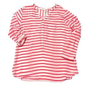 Grand & Greene Tp Womens M White Coral Stipe Henley Blouse Roll Tab VSCO Indie